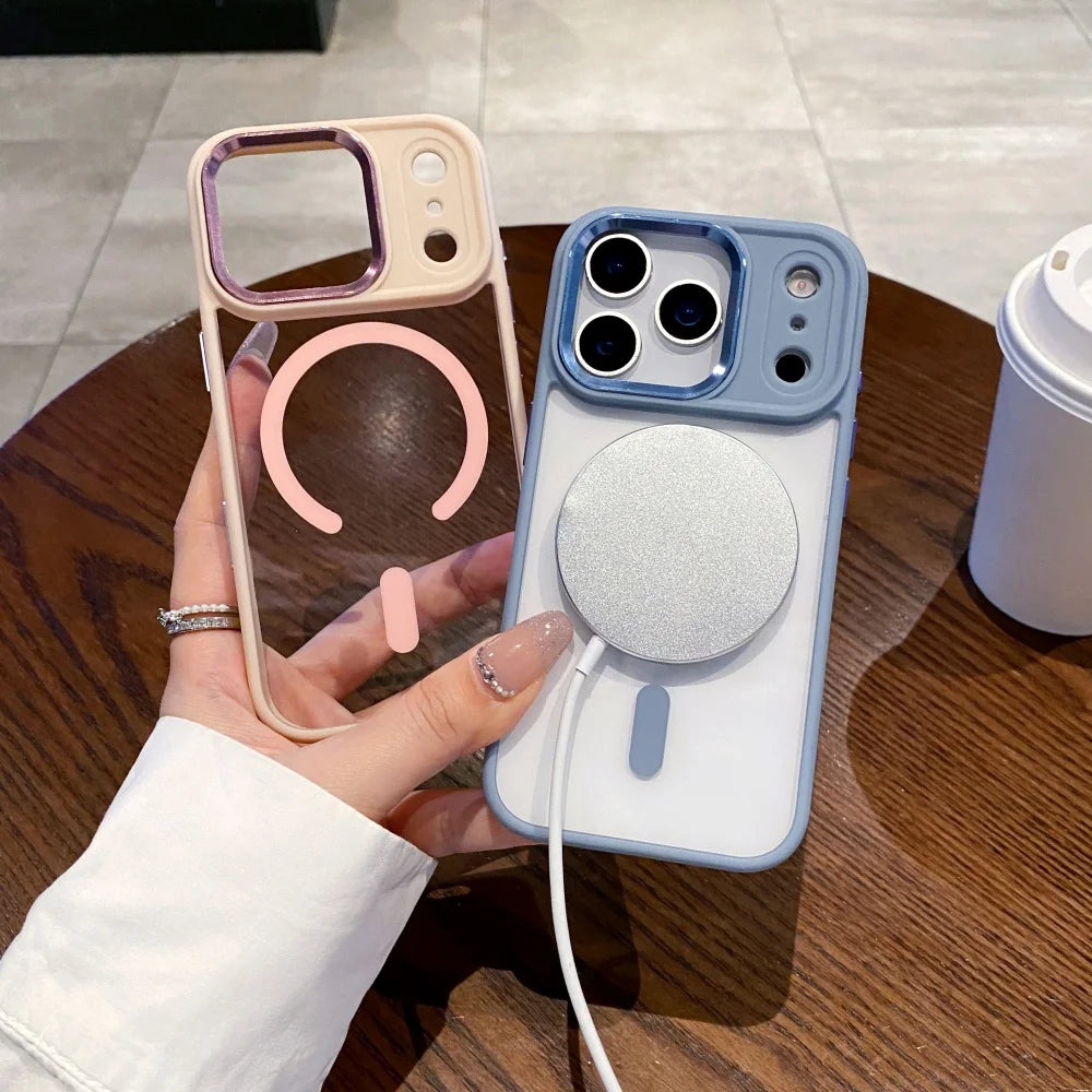 Transparent for Magsafe Armor Case for iPhone 17 16 15 14 Pro Max Plus 17 Air Magnetic Acrylic Metal Lens Shockproof Cover