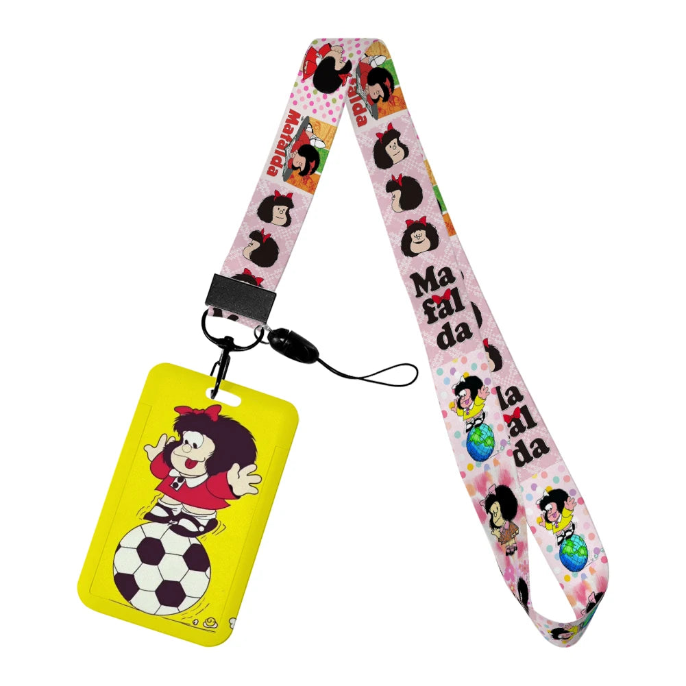 Cartoon Cute Mafalda Card Holder & Keychain for Girls | Student Badge Holder, Phone Strap, and Lanyard Pendant