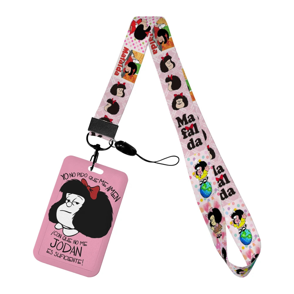 Cartoon Cute Mafalda Card Holder & Keychain for Girls | Student Badge Holder, Phone Strap, and Lanyard Pendant