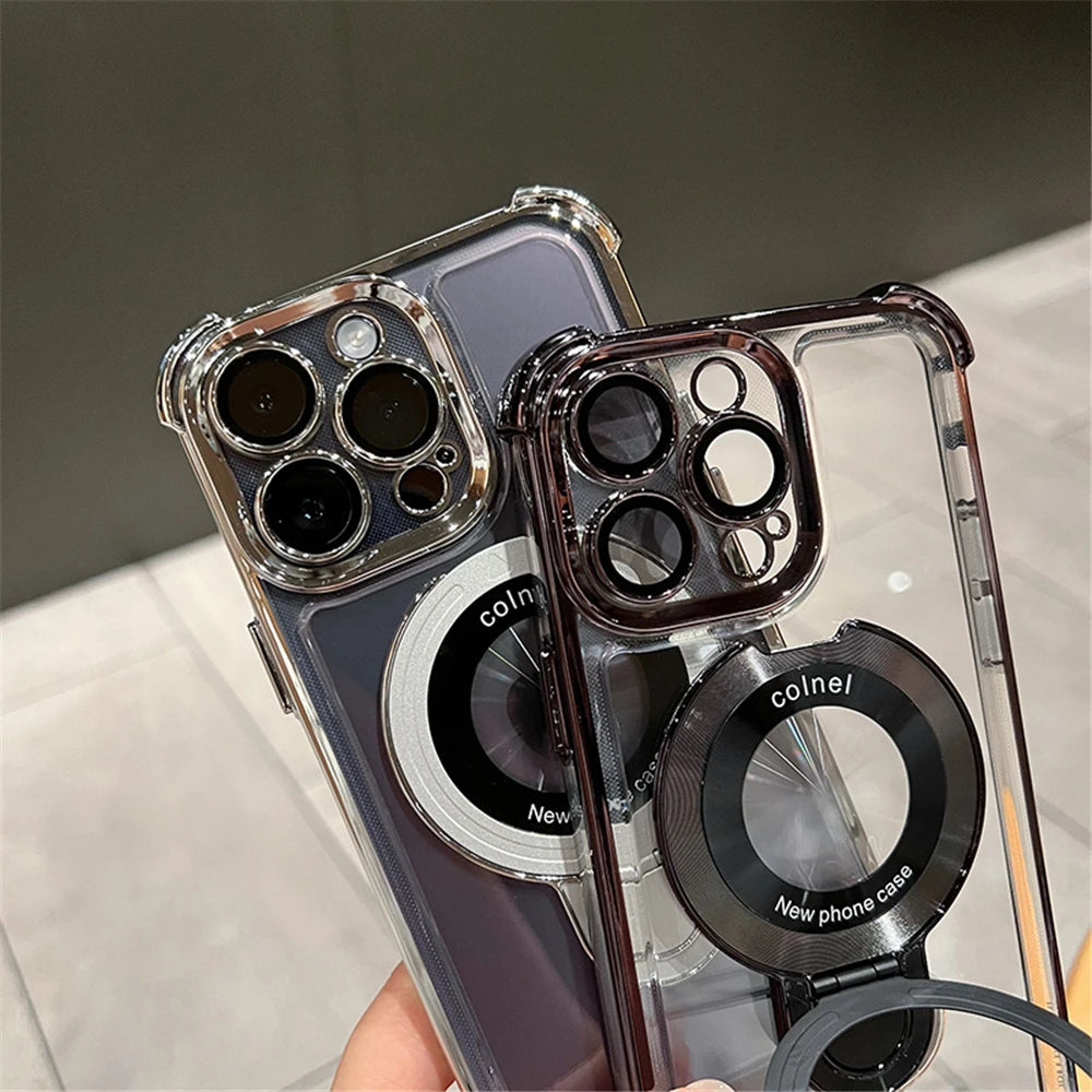 Luxury Plating Shockproof Magnetic Bracket For Magsafe Clear Case For iPhone 15 16 14 13 12 17 Pro Max With Holder Stand Cover