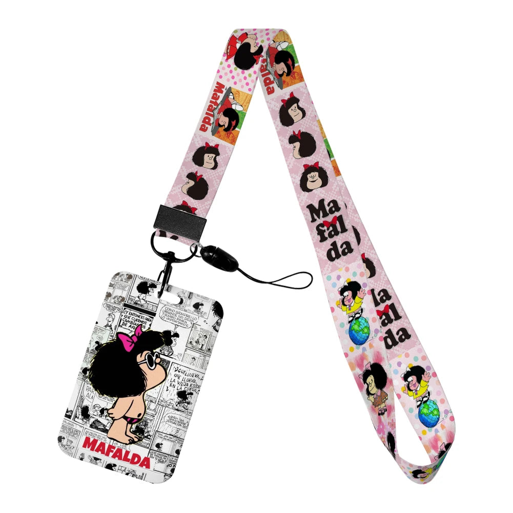 Cartoon Cute Mafalda Card Holder & Keychain for Girls | Student Badge Holder, Phone Strap, and Lanyard Pendant
