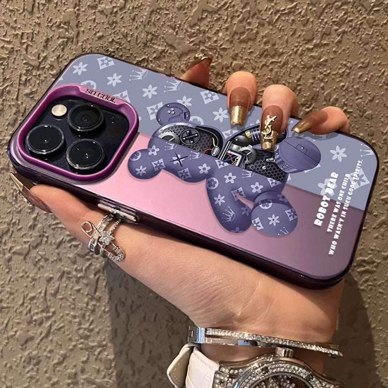 Shockproof Matte Plating Case for iPhone 13, 12, 11 Pro Max, XS, XR, X, Plus – Retro Robot Bear Hard Cover