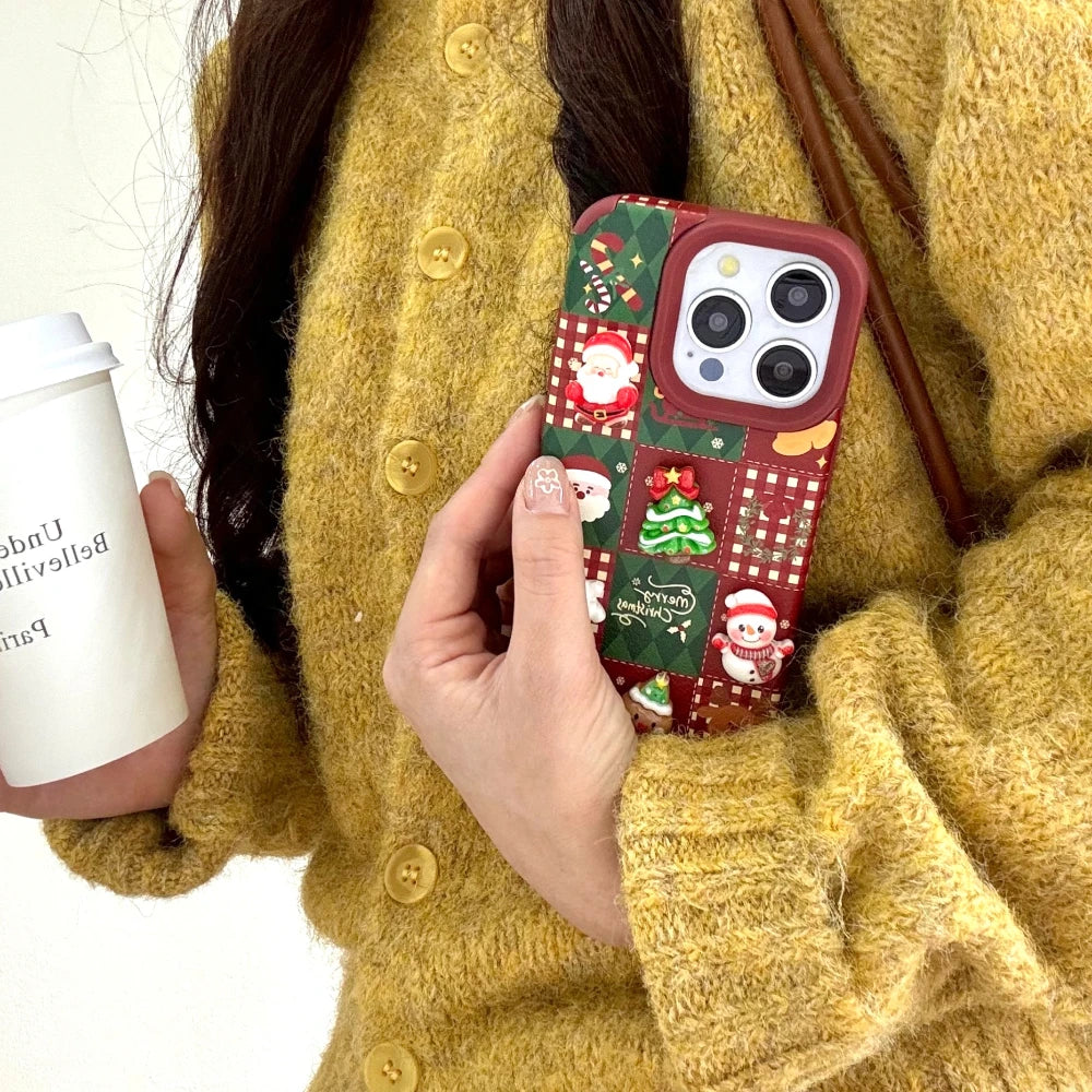 3D Christmas Elk & Santa Claus Phone Case with Lanyard for iPhone 11–17 Series | Soft Holiday Cover