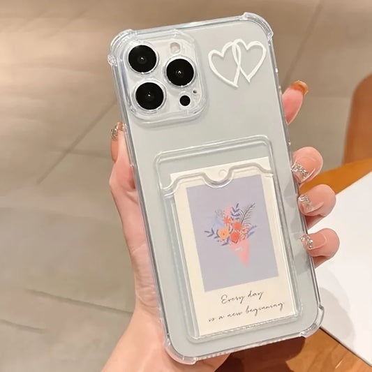 Card Holder Clear Shockproof Case for iPhone Plus, X, XR, XS, 11, 12, 13, 14, 15 Pro Max – Love Heart Graphic Soft Cover
