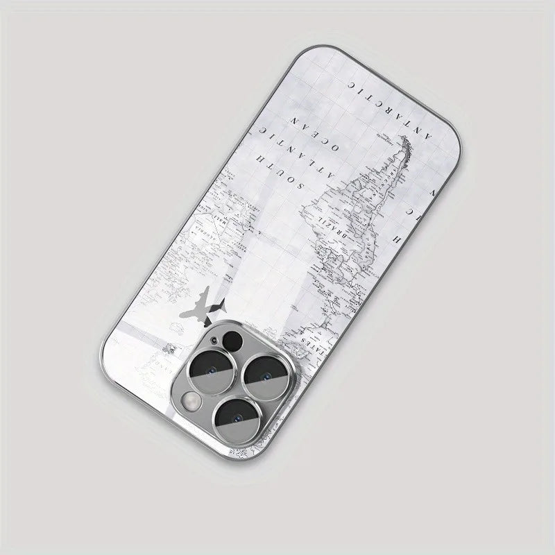 Creative Grey Map Plane Flight Print Pattern Electroplate TPU Case For iPhone 17 16 15 14 13 12 11 Pro Max Plus 17 Air Cover