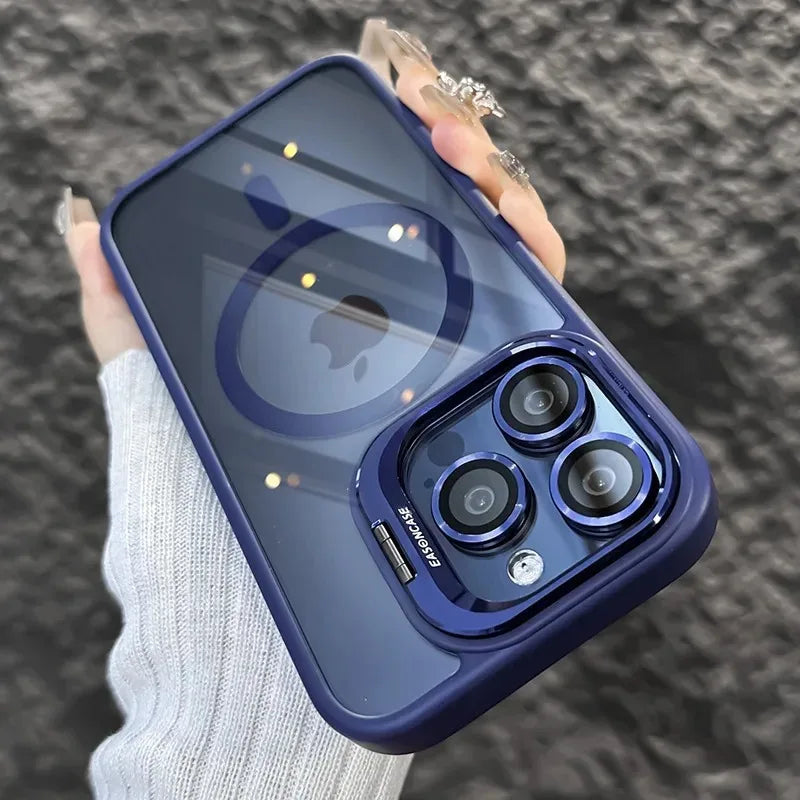 Luxury Magnetic Shockproof Phone Case For iPhone 16 15 17 Pro Max Stand Glass Lens Protector Cover