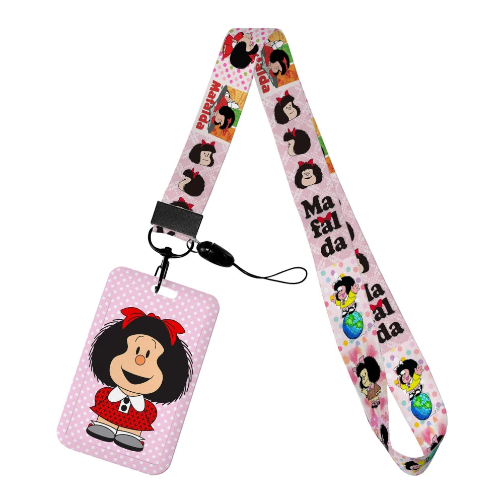 Cartoon Cute Mafalda Card Holder & Keychain for Girls | Student Badge Holder, Phone Strap, and Lanyard Pendant